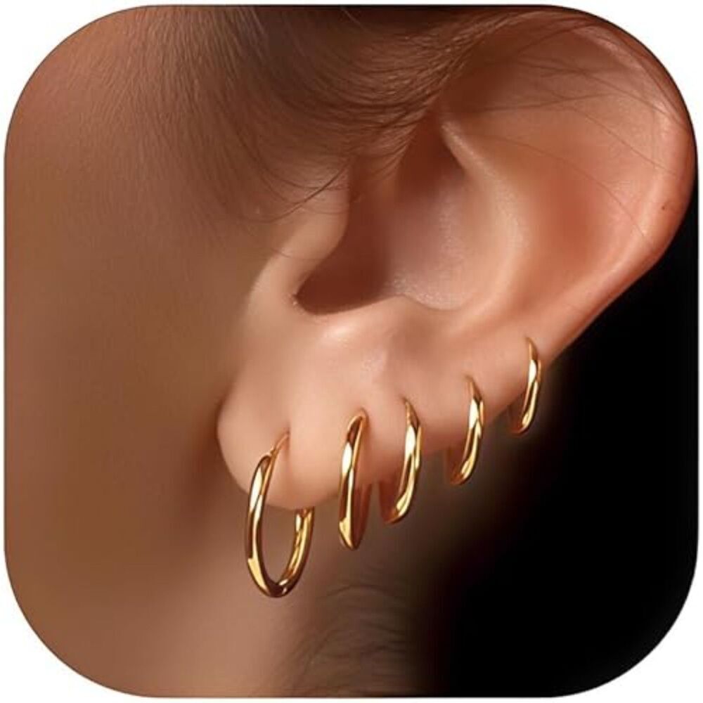 5 Pairs 14K Gold Plated Huggie Earrings for Women Lightweight Hypoallergenic Set